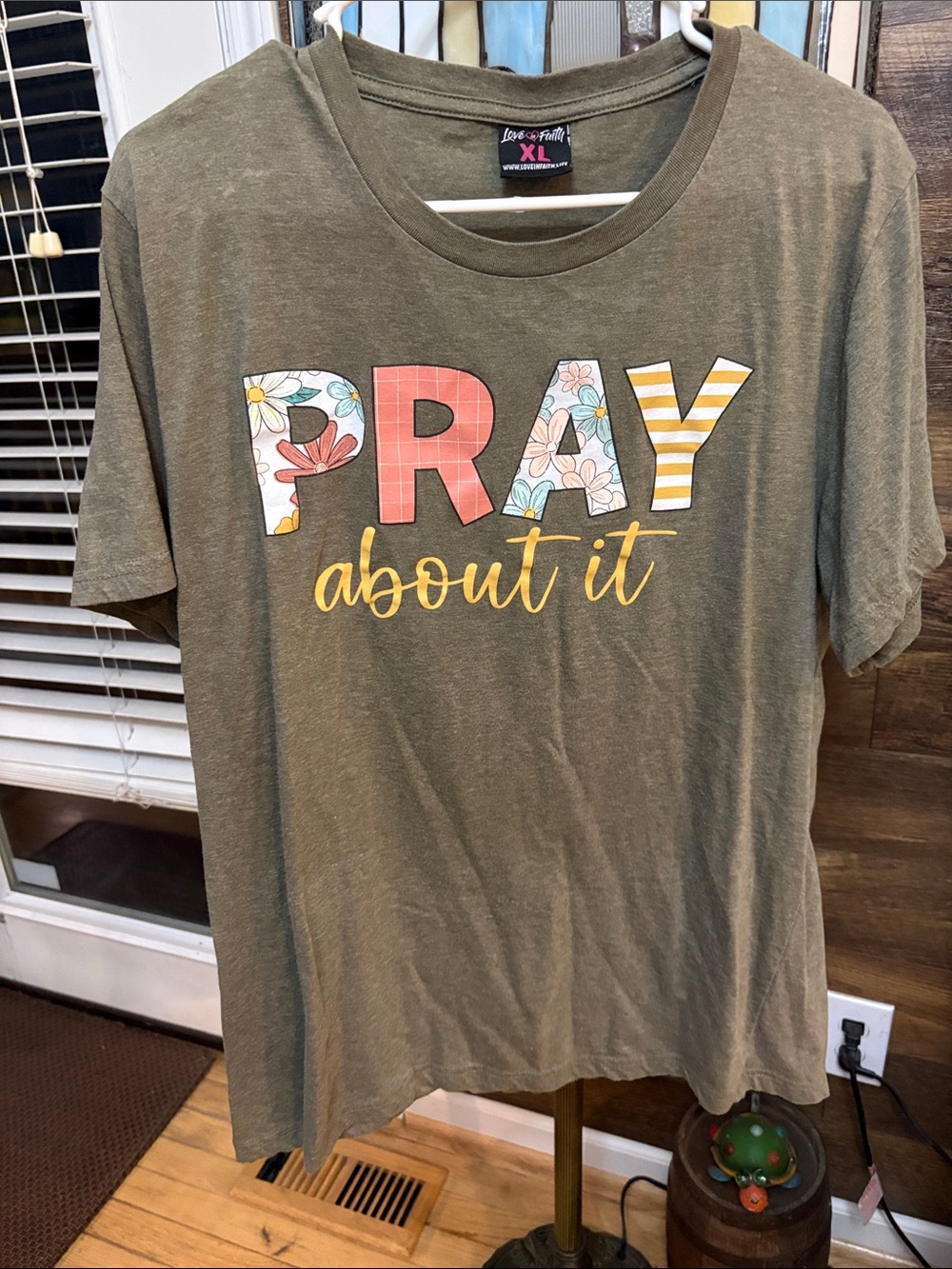 Love in Olive Green 'Pray About It' Graphic Tee with Multicolor Lettering